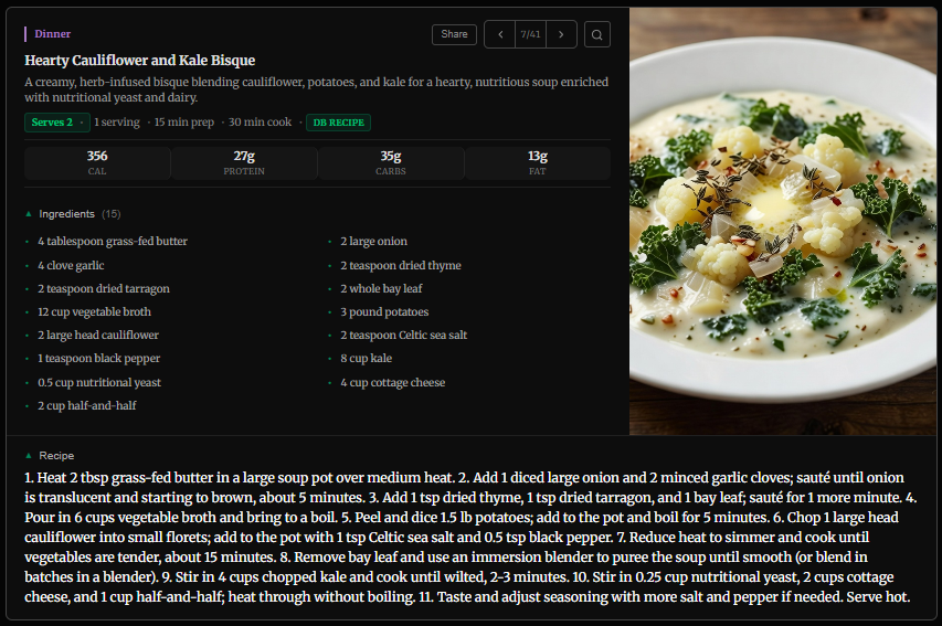 Hearty Cauliflower and Kale Bisque meal card from the NexGenHealth portal &mdash; 356 calories, 27g protein, 35g carbs, 13g fat, with grass-fed butter, vegetable broth, cauliflower, kale, nutritional yeast, and cottage cheese.