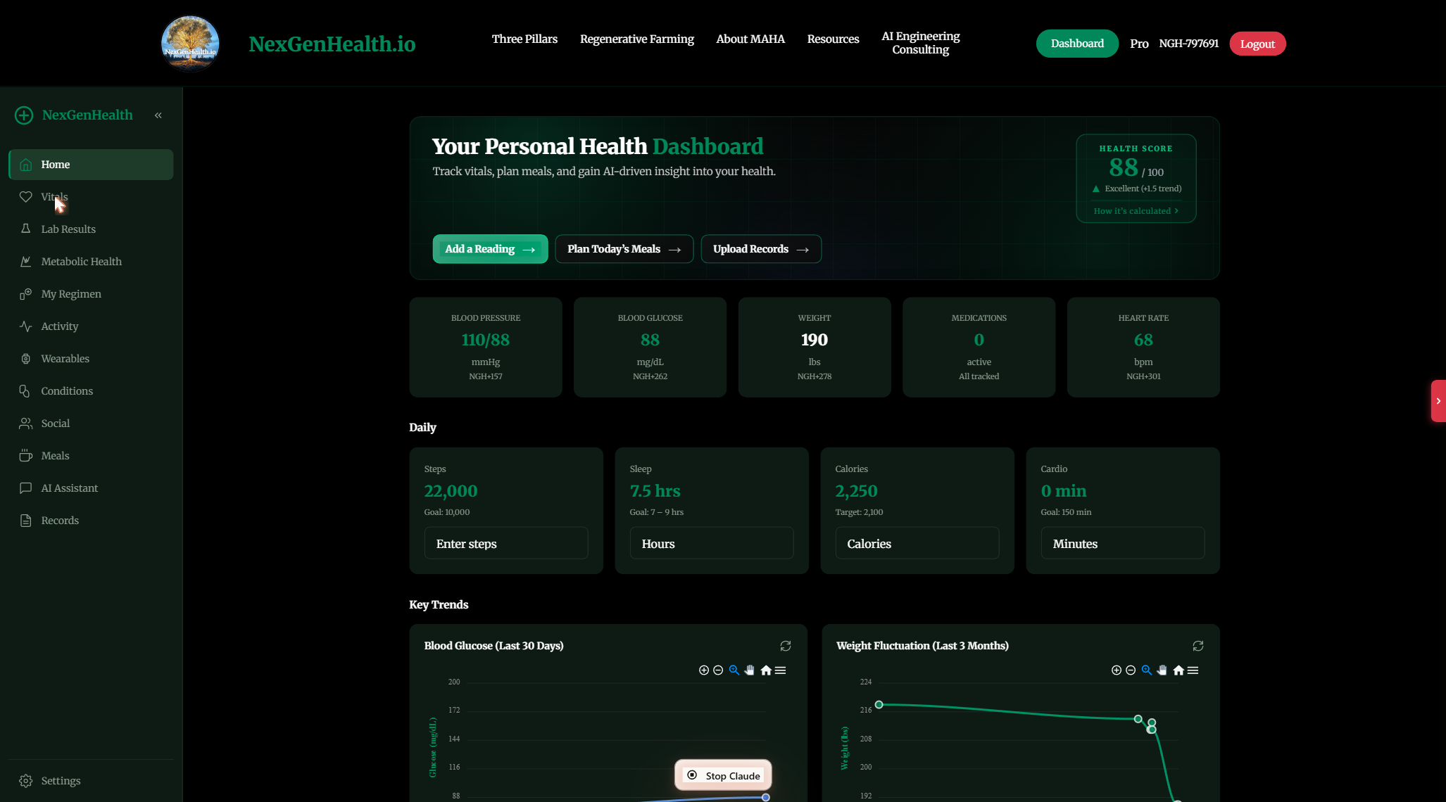 NexGenHealth portal Home dashboard showing health score, vitals, daily targets, and trend charts