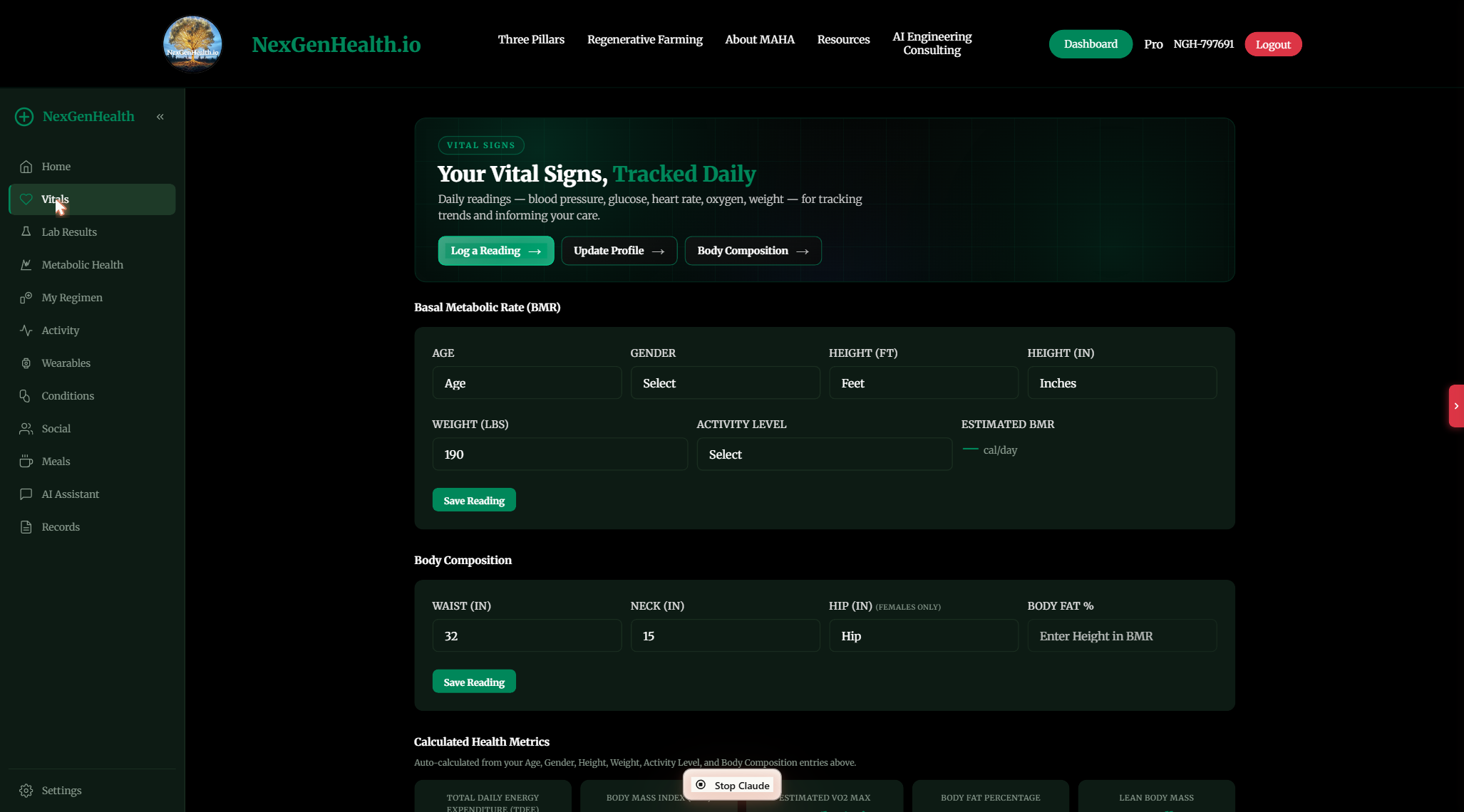 NexGenHealth portal Vitals section with BMR calculator, body composition, and calculated health metrics