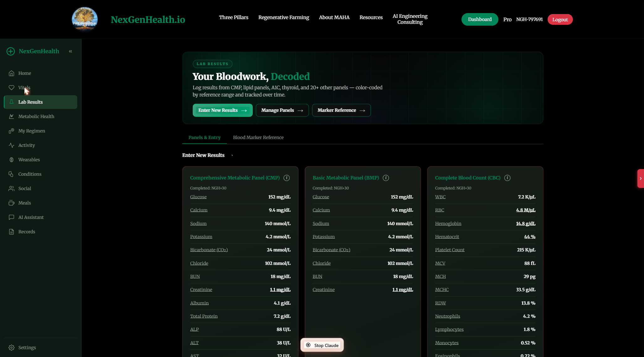 NexGenHealth portal Lab Results showing CMP, BMP, and CBC panels with color-coded values
