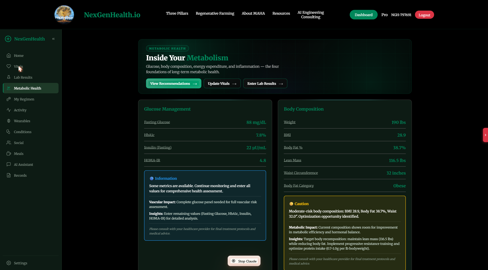 NexGenHealth portal Metabolic Health with glucose management and body composition panels