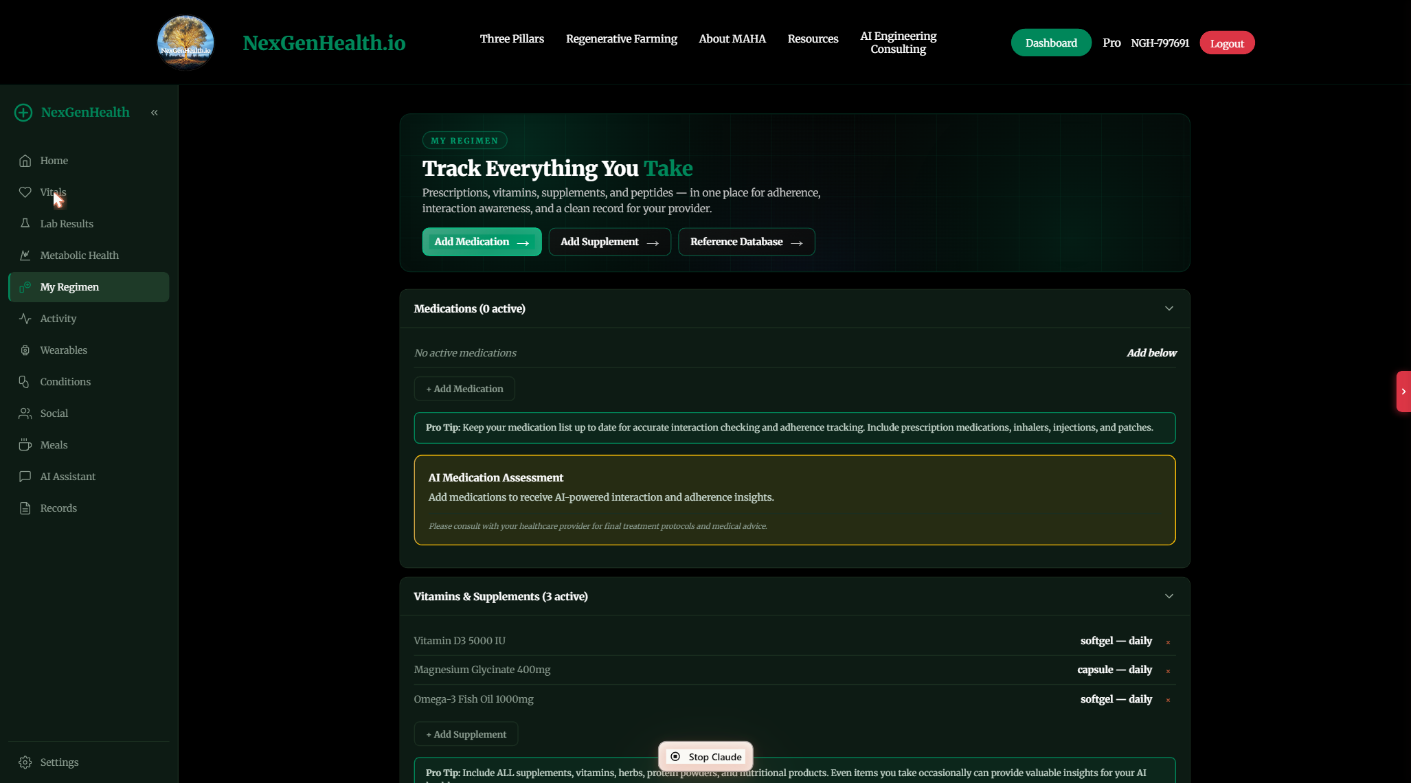 NexGenHealth portal My Regimen with medications, AI medication assessment, and supplements