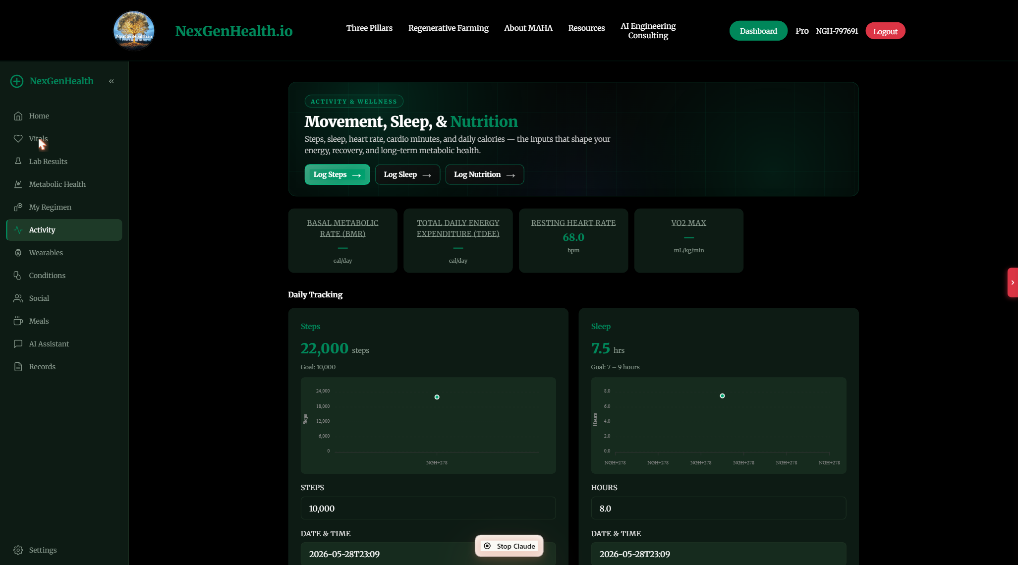 NexGenHealth portal Activity section with energy metrics and daily step and sleep tracking