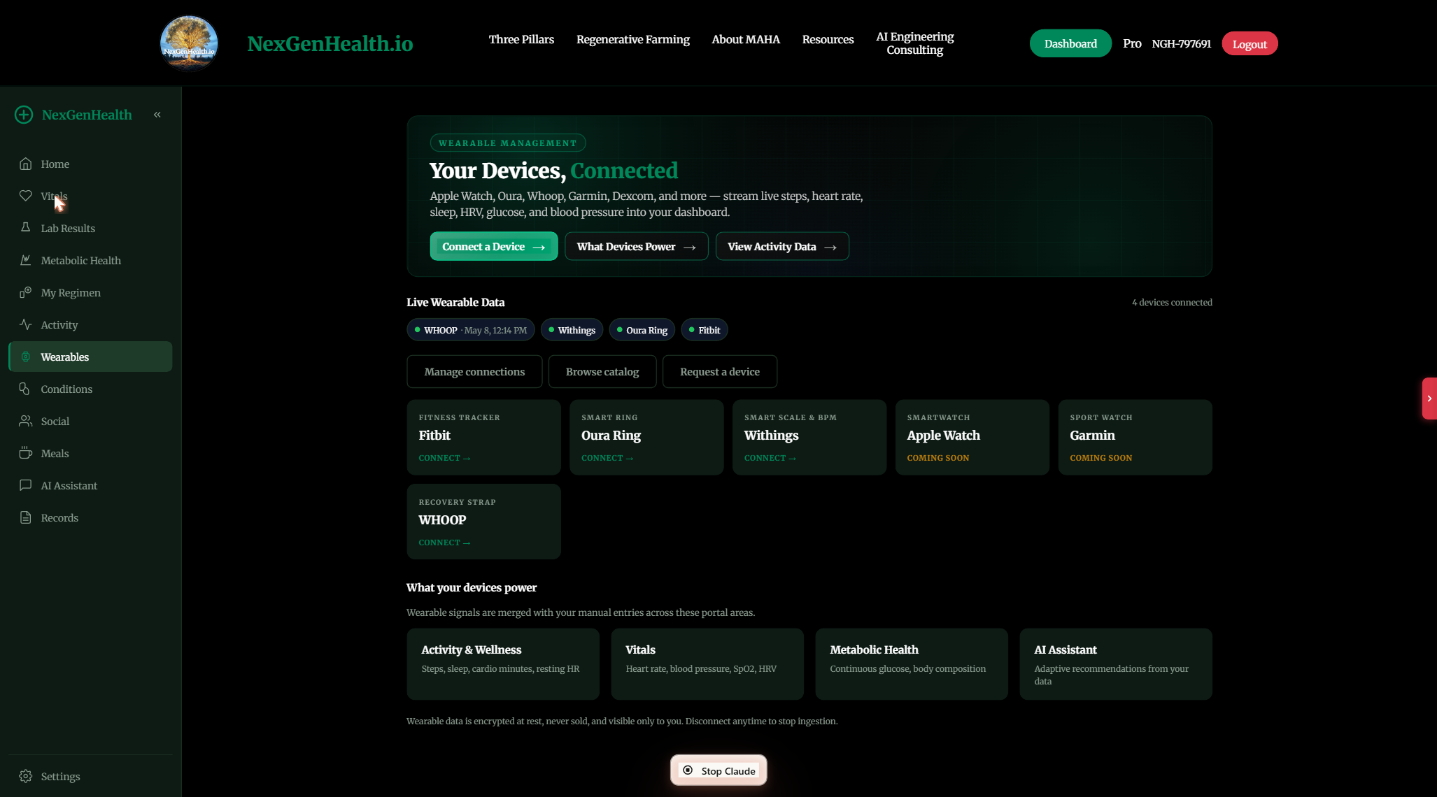 NexGenHealth portal Wearables management showing connected devices and what they power