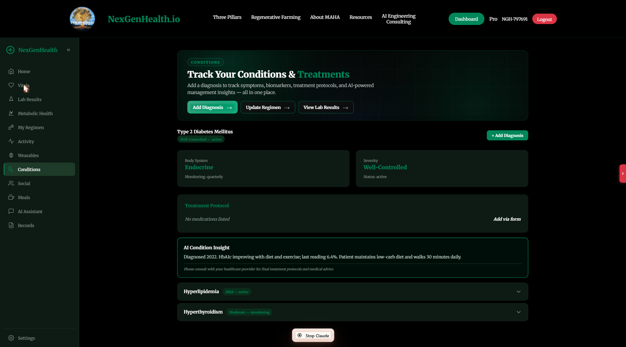 NexGenHealth portal Conditions section tracking Type 2 Diabetes with AI condition insight