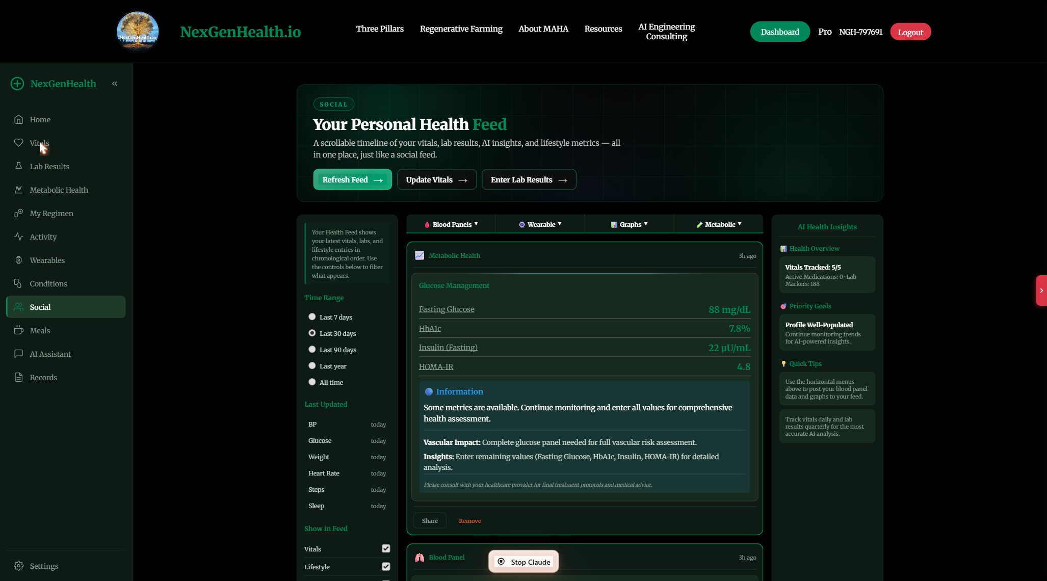 NexGenHealth portal Social health feed with filterable timeline of results and insights