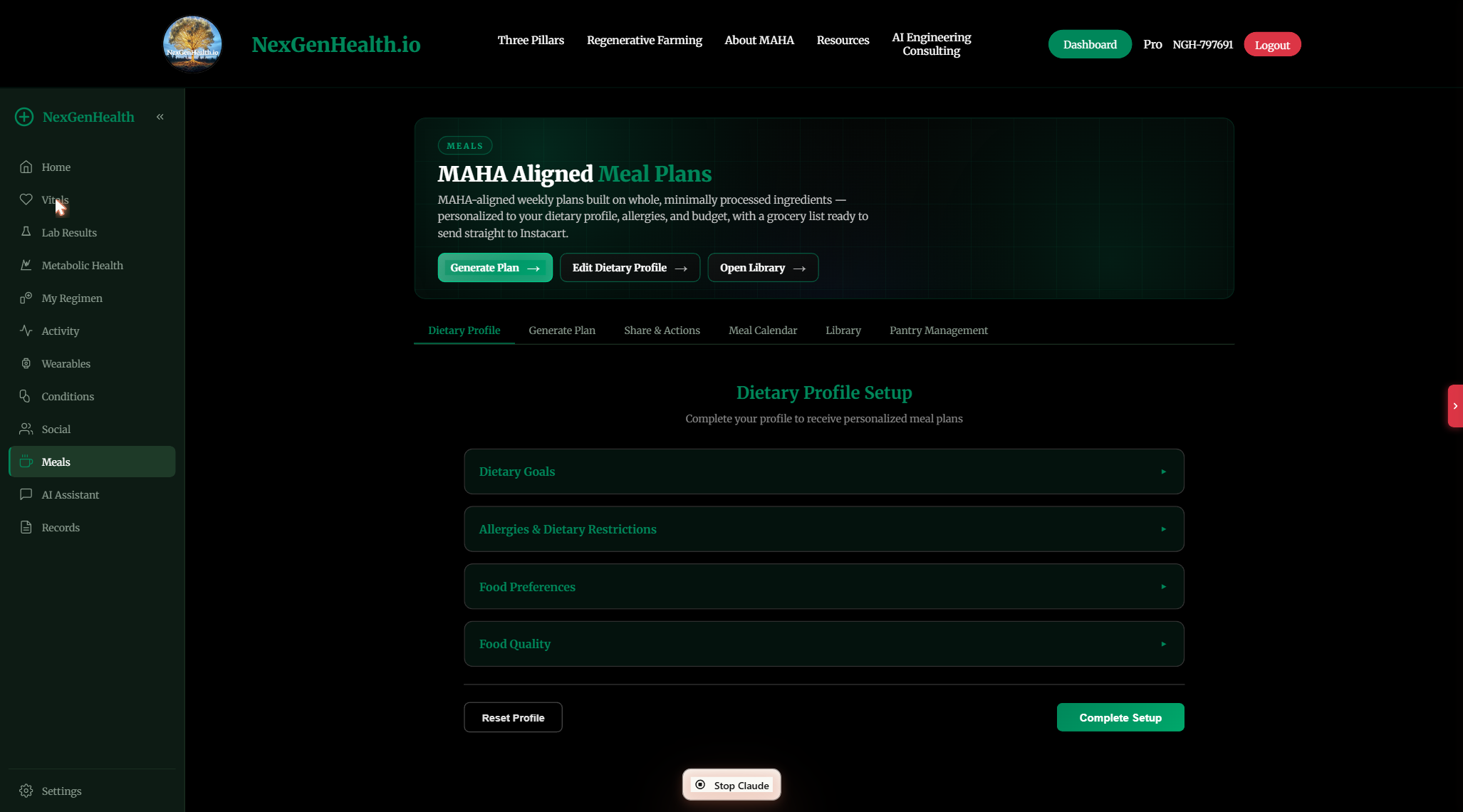 NexGenHealth portal Meals section with MAHA-aligned meal plans and dietary profile setup
