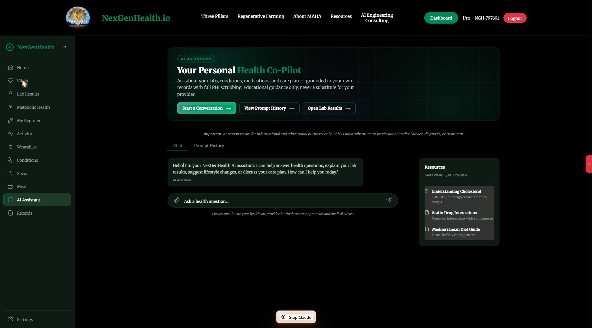 NexGenHealth portal AI Assistant chat with curated health resources