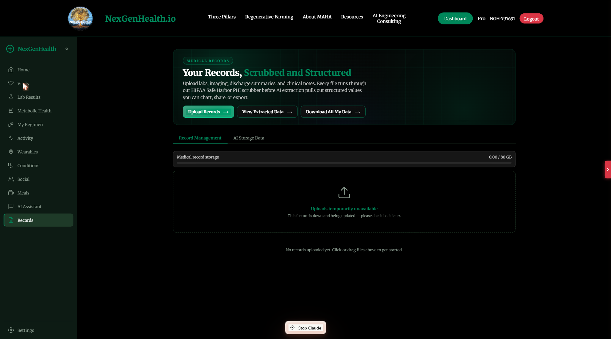 NexGenHealth portal Medical Records upload with de-identification and storage meter